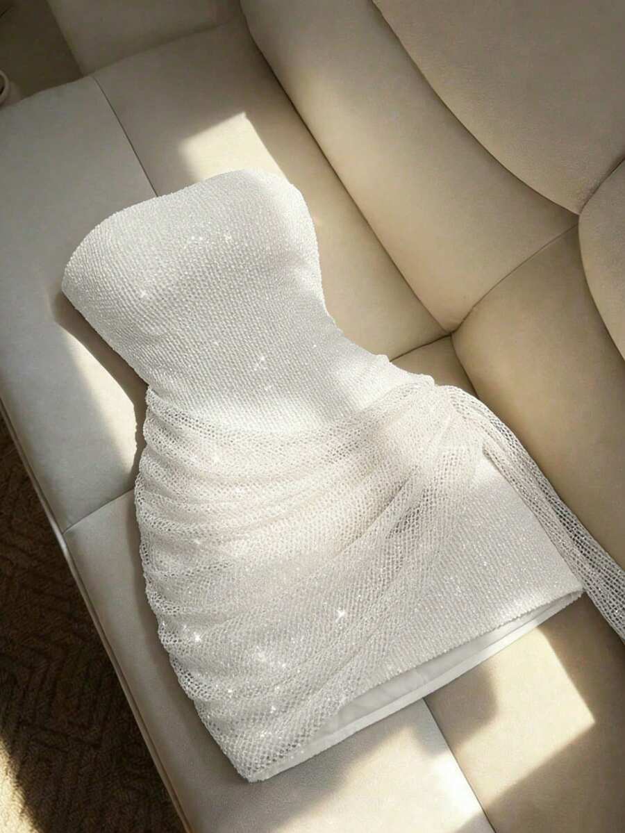 Franclia Women's Elegant Sexy Party Tube Top Short Sequin Sequins Mesh Fabric Irregular Ruffle Hem Cocktail Dress - White - View 1