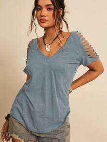 Freevana Plus Size Women Summer Casual Fashionable Street Chic Daily Commute Vacation Minimalist Solid Color Hollow Shoulder T-Shirt - Dusty Blue - View 4