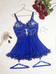SHEIN 2pcs/Set Body Sexy de Lencería con Bordado de Malla Talla Grande - azul real - Ver 4