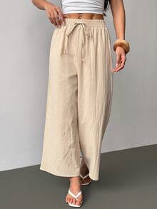 SHEIN PETITE Linen Casual Khaki Pants,Autumn Work Trousers For Women ,Petite Women - Apricot - View 4