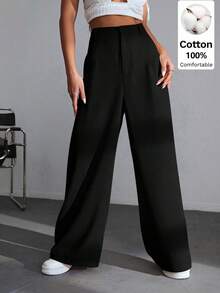 Pantalones casuales y versátiles de cintura alta con pierna ancha de unicolor - Negro 3 - Ver 5