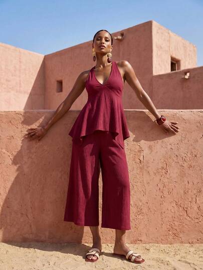Zivah 2026 New Casual Linen-Feel Beach Resort Elegant Bohemian Beach Vacation Knit Set, Featuring Ruched V-Neck Knit Top And Pants Set, Burgundy Knit Top And Pants Set, Bohemian Elegant Vacation Knit Top And Pants Set, Beach Vacation Linen-Feel Top And Pants 2 Pieces Set