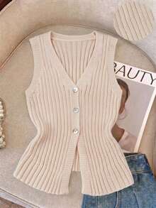 Resyla Áo vest nữ dáng ôm, tối giản, màu vàng nhạt, cổ chữ V, thanh lịch, dễ phối đồ, thích hợp cho công sở. - Màu be - Xem 1