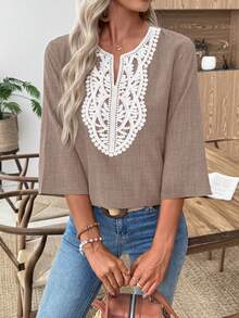 EMERY ROSE Women's Casual Vacation Contrast Color Shirt With Notched Collar - Khaki - View 7