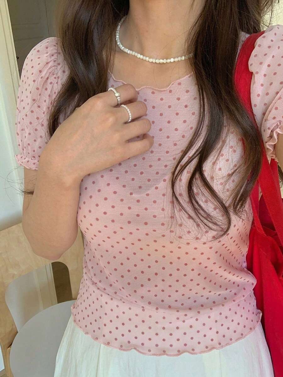 DAZY 女款粉色波點透視長袖圓領內搭衫,春夏日常可愛款 - 淺粉色 - 查看 1