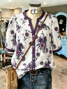 Linhara Striped & Leopard Print Patchwork Casual Elegant Vacation Suitable Western Cowgirl Plus Size Dolman Sleeve Blouse, Suitable For Commuting, Leisure, All Seasons - Purple - View 4