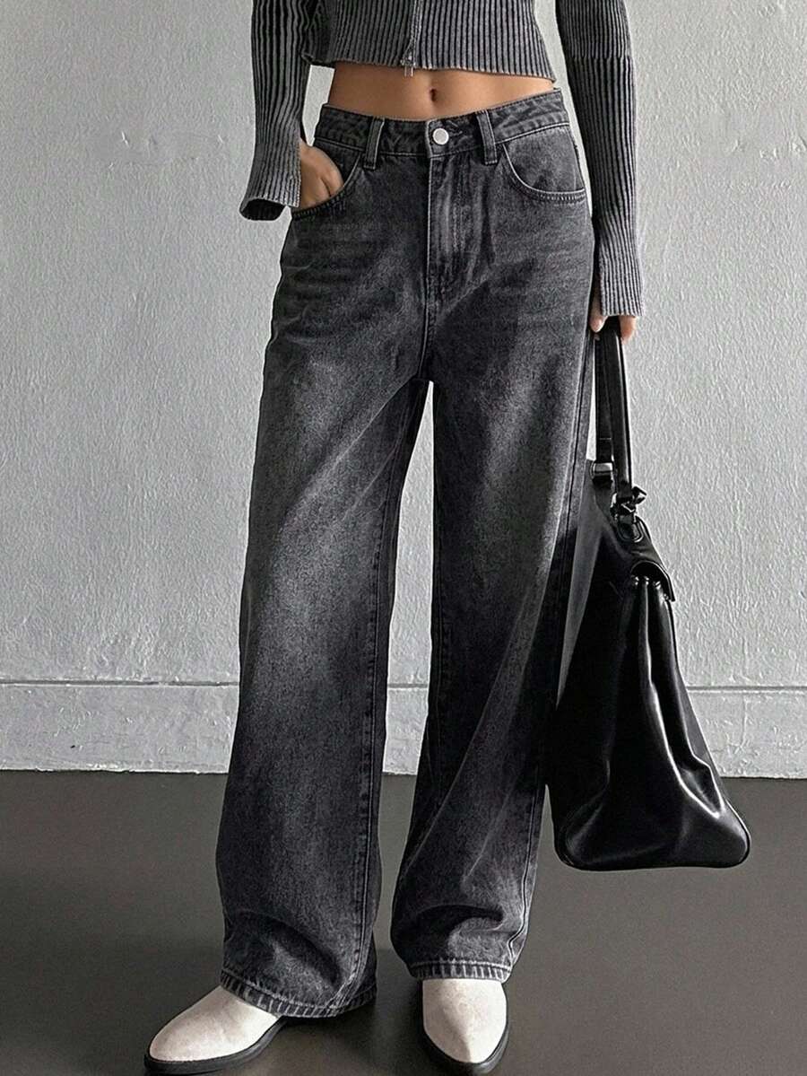 DAZY High Waist Washed Wide Leg Jeans - Dark Grey - View 1