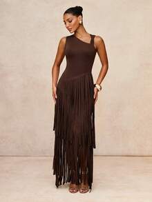 Lumalex Vestido con cuello asimétrico, cintura ceñida y volantes exagerados en capas para mujeres - Marrón - Ver 3
