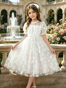 SHEIN 1pc Girls' White Autumn Elegant Flower Girl Holiday Dress,Floral Embroidered Mesh Collar Puff Sleeve Princess Dress For Birthday Party Flower Girl - White - View 1