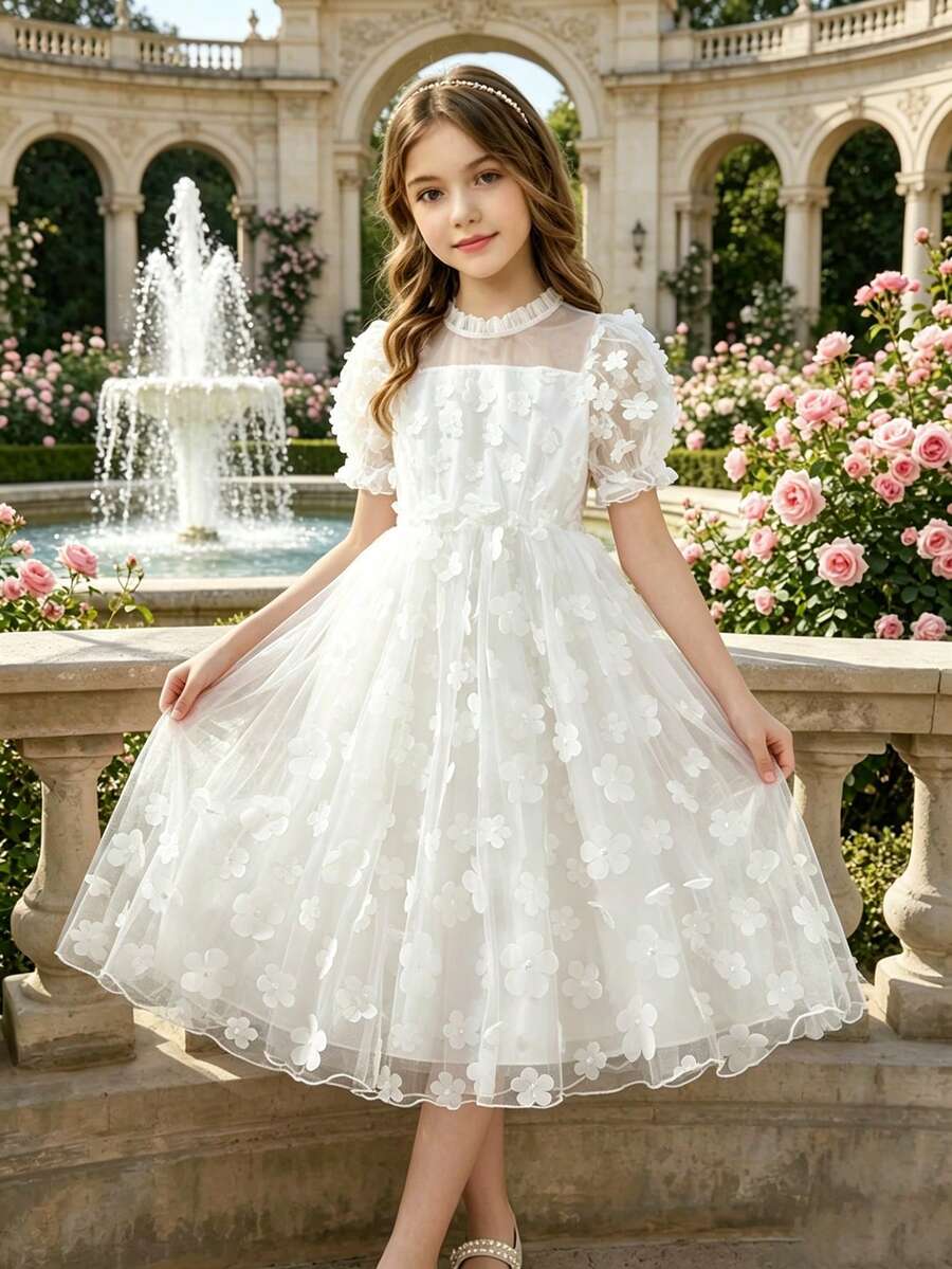 SHEIN 1pc Girls' White Autumn Elegant Flower Girl Holiday Dress,Floral Embroidered Mesh Collar Puff Sleeve Princess Dress For Birthday Party Flower Girl - White - View 1