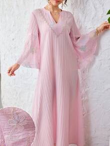 Yasmyna Elegant Floral Embroidered Textured 3/4 Sleeve Flared Dress, Suitable For Dates - Pink - View 11