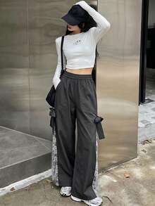 FRIFUL 女款休閒優雅 2000 年代街頭時尚日常通勤外出約會派對收腰蝴蝶結裝飾對比蕾絲寬鬆寬腿長褲 灰色 秋季 - 灰色 - 查看 5