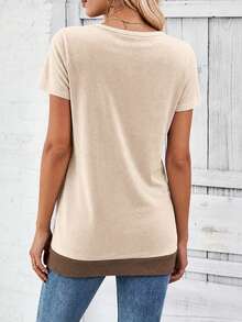 EMERY ROSE Women's Button Pleated V-Neck Contrast Color Short Sleeve T-Shirt, Suitable For Daily Commute - Multicolor - View 2