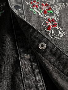 ROMWE MEN Street Life Men's Dragon & Floral Embroidery Collar Single-Breasted Casual Versatile Denim Jacket For Daily Wear - Black - View 7