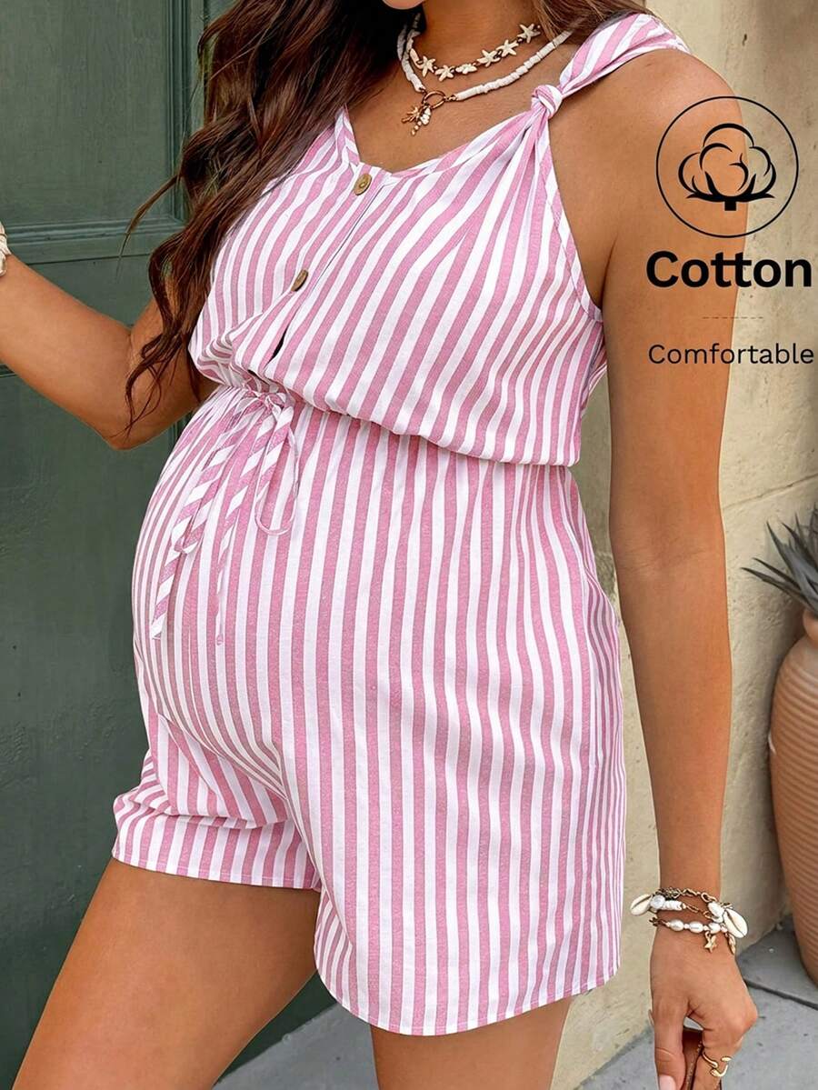 SHEIN 孕妇条纹休闲百搭日常连体衣 - 粉色 - 查看 1