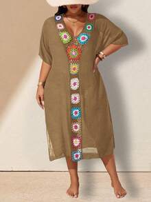 Swim Lushoire Plus Size Women Hand Crocheted Cover-Up - Coffee Brown - View 1