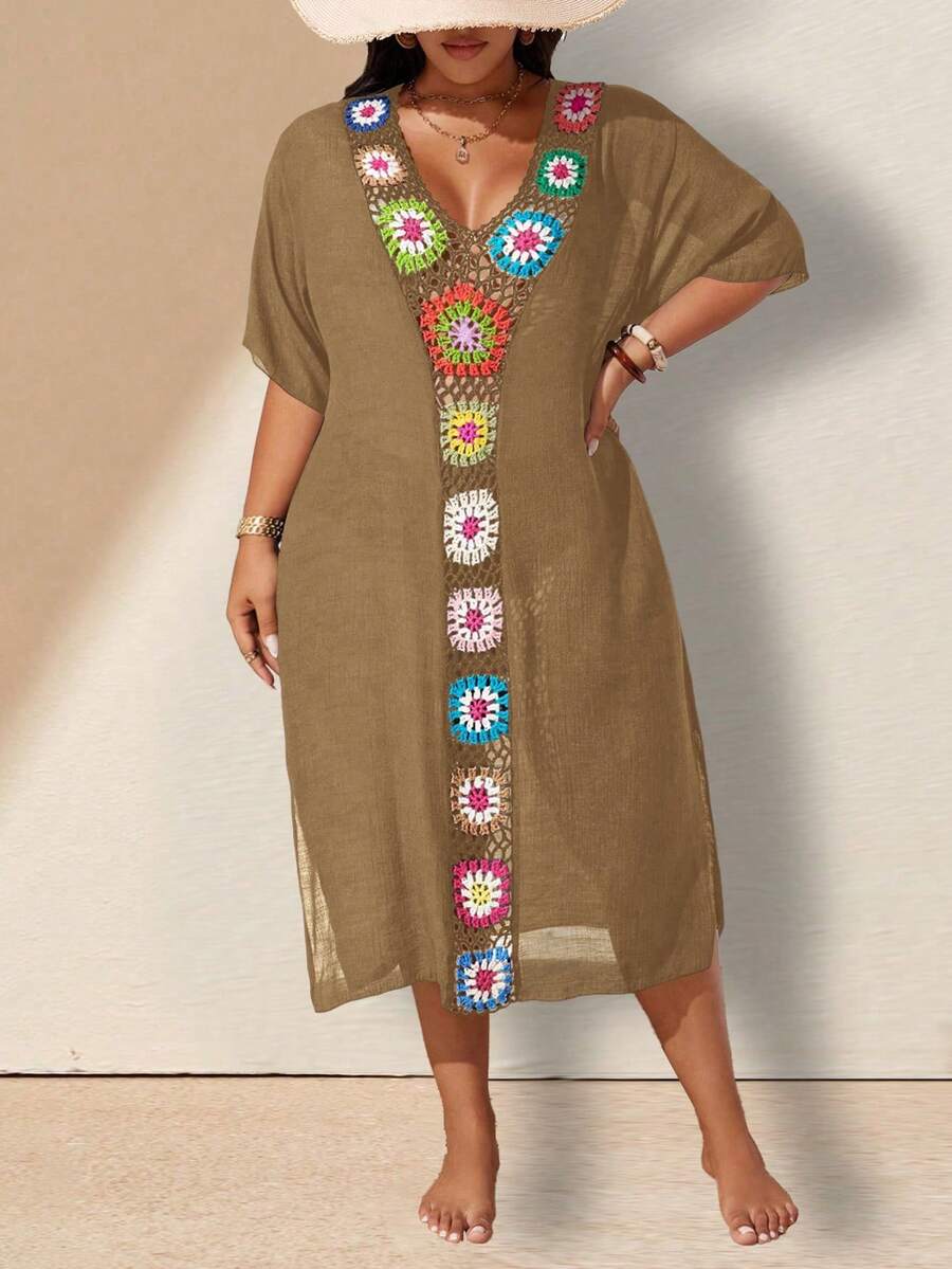 Swim Lushoire Plus Size Women Hand Crocheted Cover-Up - Coffee Brown - View 1