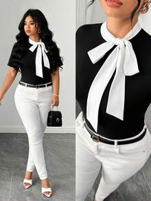 Elenzga Plus Size Women's Summer New Black & White Contrast Bow Tie Strap Slim Fit Elegant Short Sleeve T-Shirt, Suitable For Casual, Commuting, And Dating - Black and White - View 1