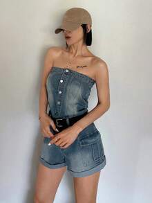 DAZY 女款鈕扣前襟工裝口袋休閒牛仔連身褲 夏季 - 中等水洗藍 - 查看 4