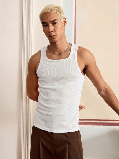 SWAVVY Men's Summer Casual Slim Fit Sleeveless Tank Top, Plain, Apricot Color