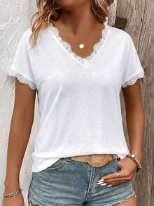 EMERY ROSE Women's Spring/Summer New Arrival Lace Patchwork V-Neck Short Sleeve Casual Versatile Plus Size T-Shirt - White - View 5