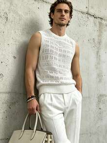 Airaco Men's Solid Color Crew Neck Sleeveless Hollow Casual Knit Top For Summer Daily Wear - White - View 5