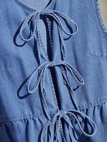 Comfortcana Women's Denim Vest With Casual Tie Bow Ruffle Hem, Blue - Medium Wash - View 3