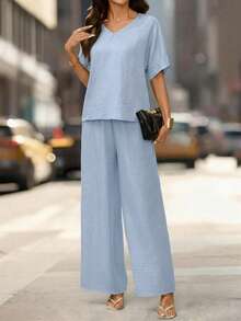 Editum Women's Round Neck Short Sleeve Loose Top And Wide Leg Pants,Light Blue Textured Fabric Solid Color Elegant Outfit For Summer,Casual,Occasion,Commute - Baby Blue - View 4