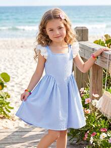 Emery Rose Kids Emery Rose Kids Young Girl Woven Colorblock Striped Square Collar Ruffle Hem Knit Dress - Blue - View 5
