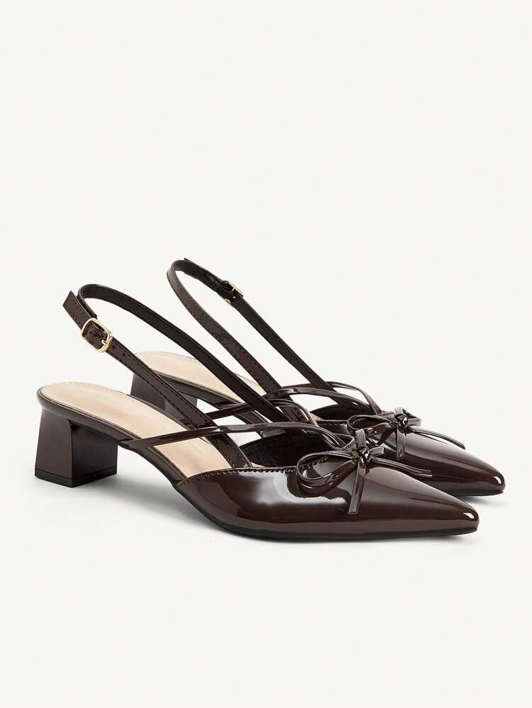 CUCCOO CHICEST Dark Brown Pointed Bow Slingback Thick Heel Sandals, Workplace Commuting Temperament Shoes