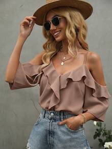 SHEIN Clasi 女士纯色露肩荷叶边休闲百搭日常短袖衬衫 - 卡其色 - 查看 7