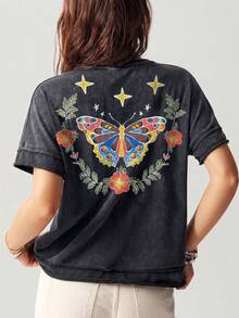 Bohemela Casual Solid Color Knit Round Neck Short Sleeve Loose Butterfly Cutout Back Women T-Shirt - Black - View 7