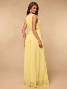 SHEIN BAE Vestido maxi de gasa con volantes ajustado sin mangas, vestido elegante y sexy, vestido romántico, vestido para cita, cita romántica, fiesta, ocasión formal, vestido de dama de honor, Día de San Valentín, vestido de verano para mujer - Amarillo claro - Ver 2