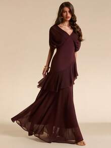 SHEIN BAE Women's Solid Brown Deep V-Neck Sheer Ruffle Hem Maxi Chiffon Dress, Elegant For Spring/Summer - Burgundy - View 3