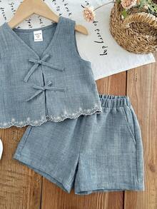 LMoss Kids 2pcs Young Girl Woven Solid Color Casual Vest And Shorts Set - Baby Blue - View 5