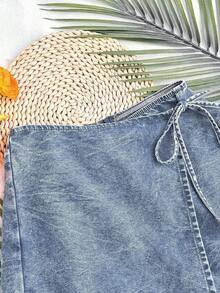 SHEIN Tall Shorts vaqueros de mujer con lavado y lazo - Azul lavado medio - Ver 9