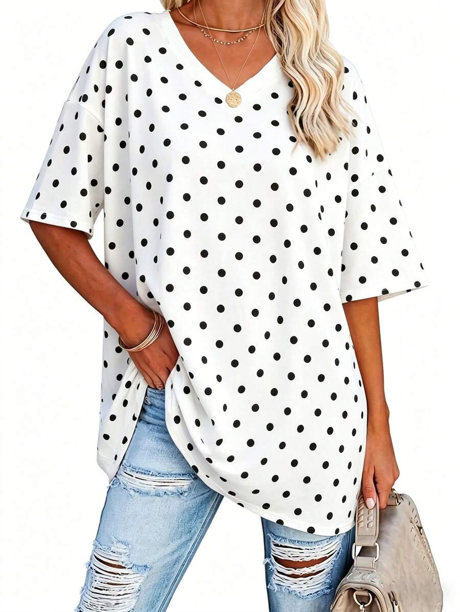 EMERY ROSE Plus Size Spring Polka Dot Short Sleeve Casual V-Neck T-Shirt, Summer Top - Multicolor - View 1