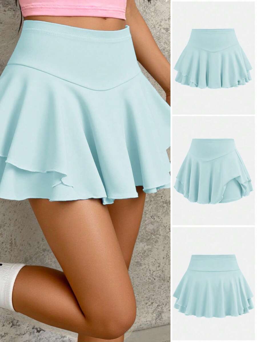 SHEIN Tween Girls' Solid Color Casual Versatile Daily & Sports Skort - Mint Green - View 1