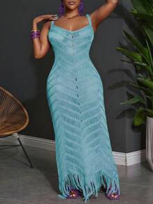 Slaydiva Plus Size Summer Sleeveless Hollow-Out Sheer Dress - Mint Blue - View 6
