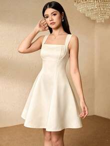SHEIN 杏色細肩帶A字緞面洋裝，適合青少年女孩，優雅高品質質感，適用於度假、畢業、返校、婚禮季、舞會及正式場合 - 香檳色 - 查看 6