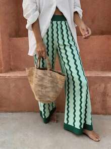 Flora Isola Flora Isola Vacation Bohemian Pink Wavy Stripe Women Pants - Green - View 3