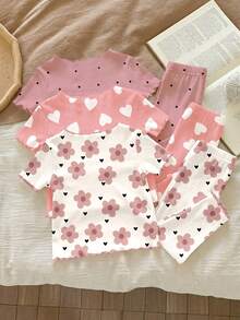 2 conjuntos aleatorios de 3 conjuntos de pijama, estampado de corazones con lunares y flores rosas, conjunto esencial de verano para niñas, ropa de verano linda, estilo coreano, cómoda y versátil, ropa infantil de moda, estética Y2K, Kawaii, conjunto para fiesta, uso diario casual, conjunto para vacaciones, adorable y cómodo, artículo, estilo campestre, ropa de estar en casa los fines de semana, conjunto para sesión de fotos, relajado y cómodo - Multicolor - Ver 5