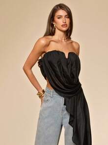 SHEIN BAE Black Asymmetric Ruched Chiffon Camisole Top, Summer Black Blouse - Black - View 5