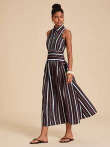 Travachic Elegant Striped Print Front Button Sleeveless Summer Dress,Summer ,Beach ,Elegant,Vacation Dress, - Multicolor - View 6