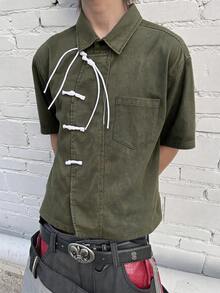 ROMWE MEN Casual Camisa de mezclilla con botones de estilo chino de unicolor para hombres - Verde militar - Ver 8