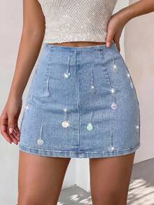SHEIN Glamour Chân váy denim ngắn nữ mùa hè, phong cách thường ngày, thoải mái, đính sequin và tua rua. - Màu xanh lam - Xem 1