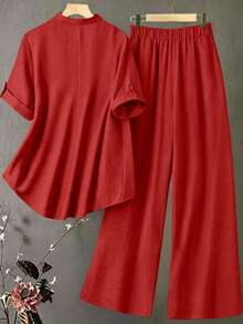 Conjunto de 2 piezas de talla grande para mujer con top de manga corta con cuello entallado y pantalón  con bolsillos, estilo minimalista casual para el trabajo, el trayecto - Rojo - Ver 3