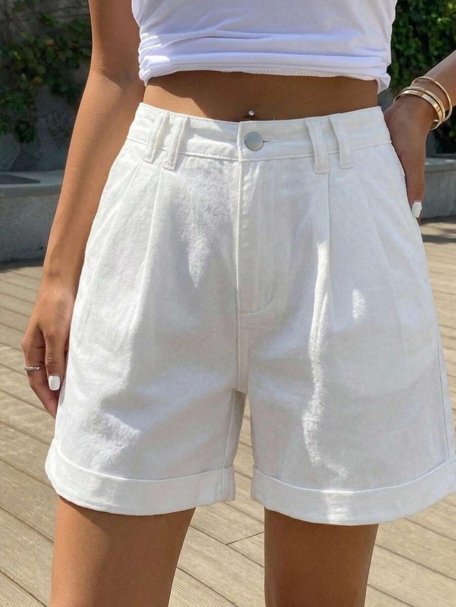 DAZY Roll Up Hem Fold Pleated Denim Shorts Jorts - White - View 1