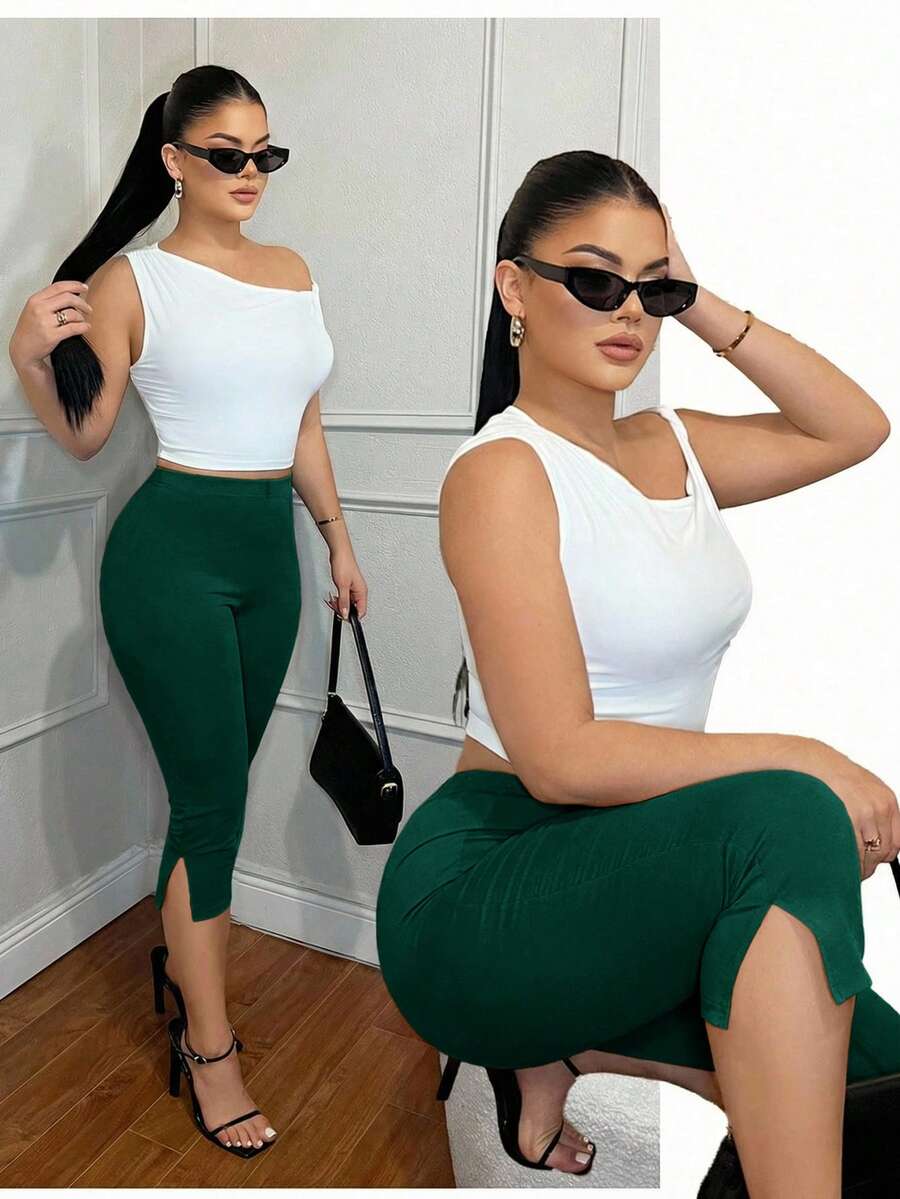 SHEIN SXY 女款素色緊身開衩七分內搭褲 - 墨綠色 - 查看 1