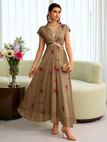 Al Najma Embroidered V-Neck Cinched Waist Short Sleeve Flared Elegant Dress For Women - Brown - View 4